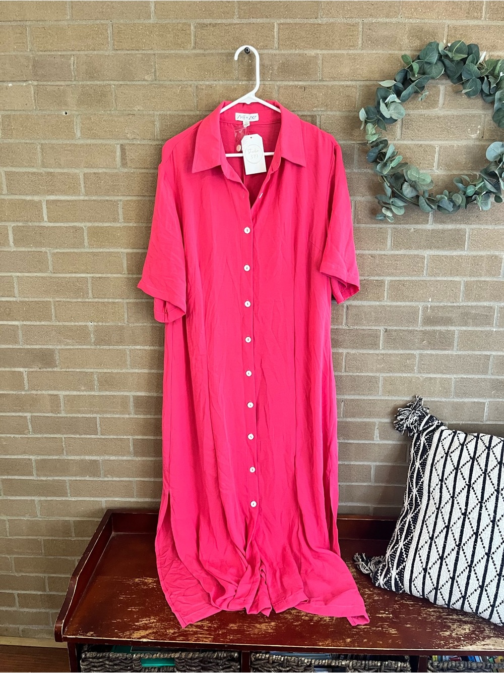 She + Sky Hot Pink Button-Front Midi Shirt Dress